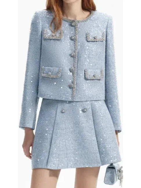 Women’s Blue Sequin Boucle Jacket and Skirt Set