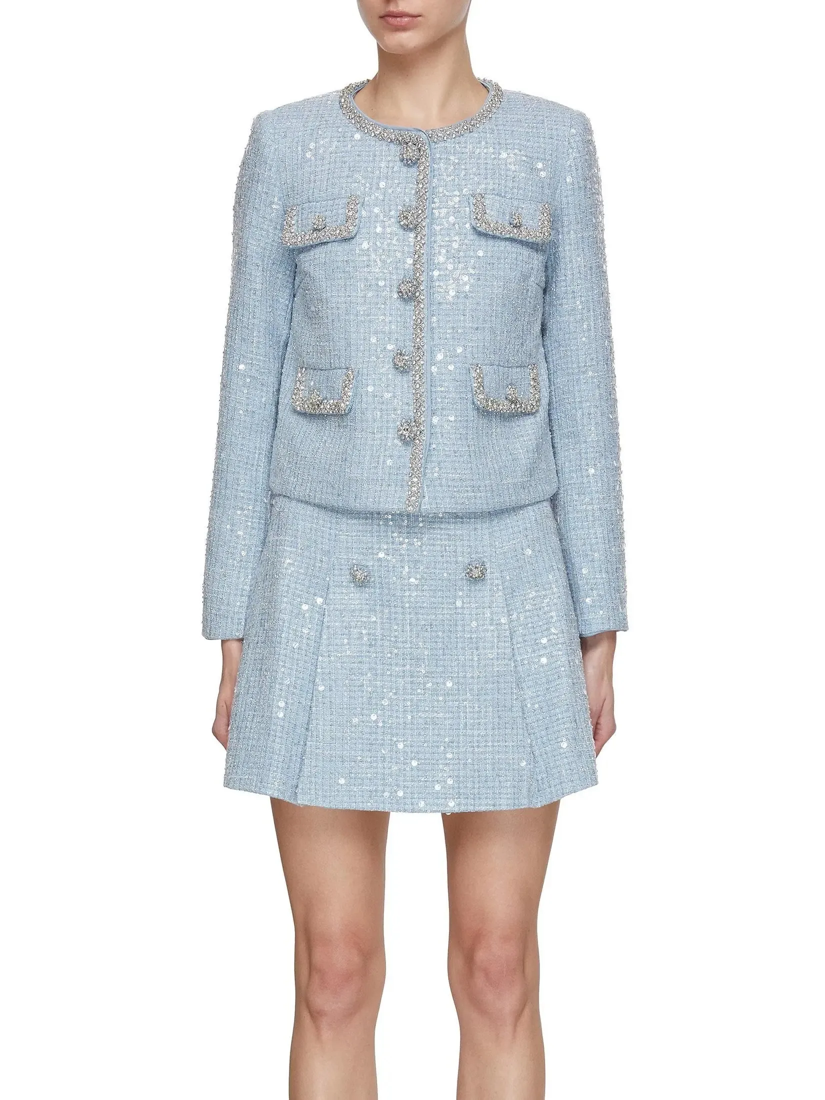 Women’s Blue Sequin Boucle Jacket and Skirt Set