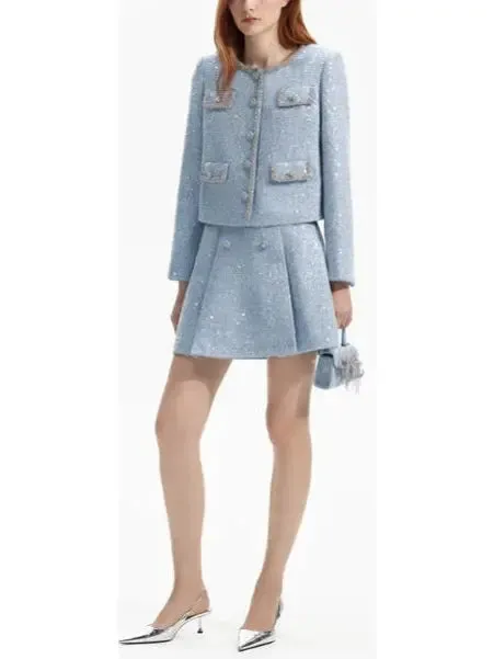 Women’s Blue Sequin Boucle Jacket and Skirt Set