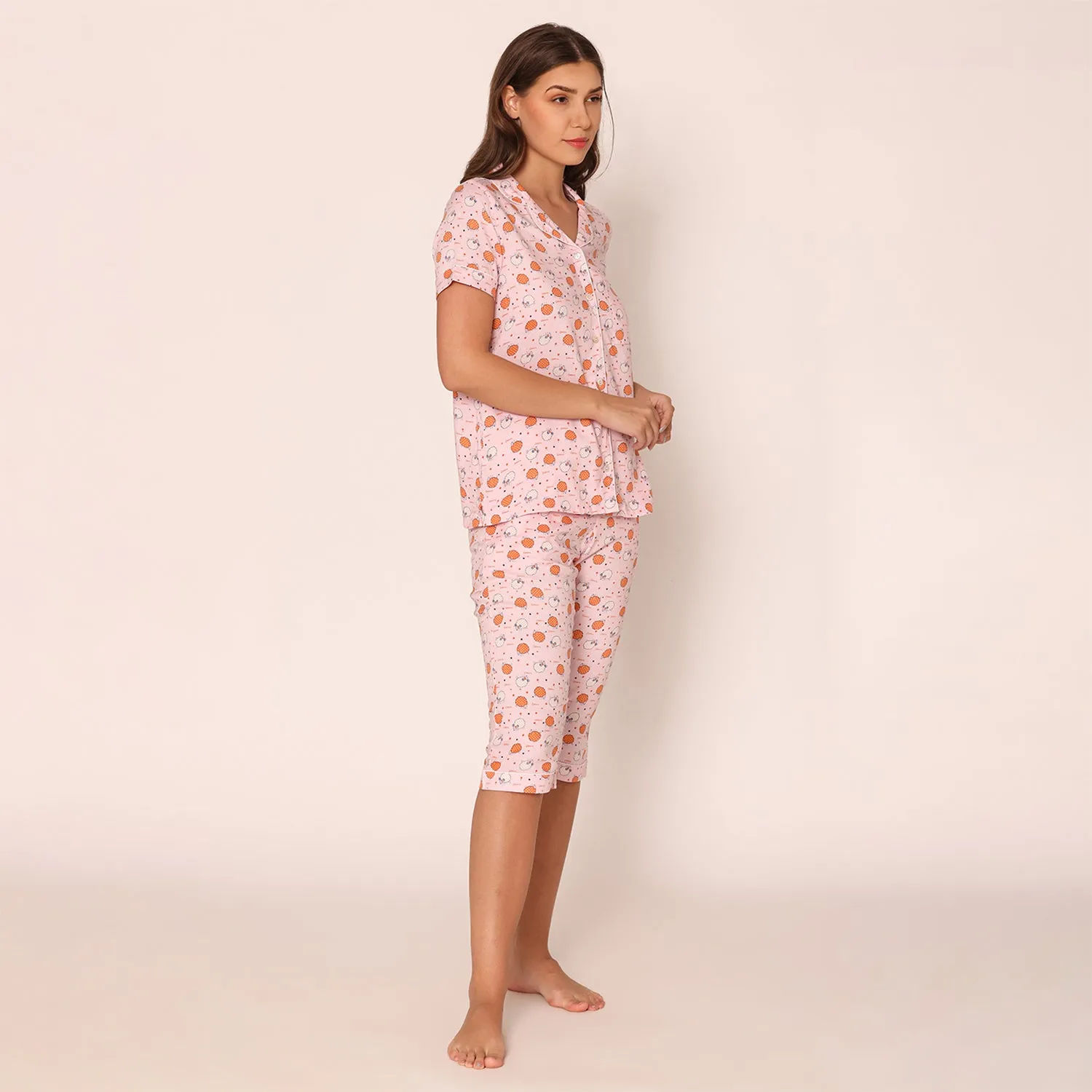 Women's Printed Shirt & Capri Night Suit Set