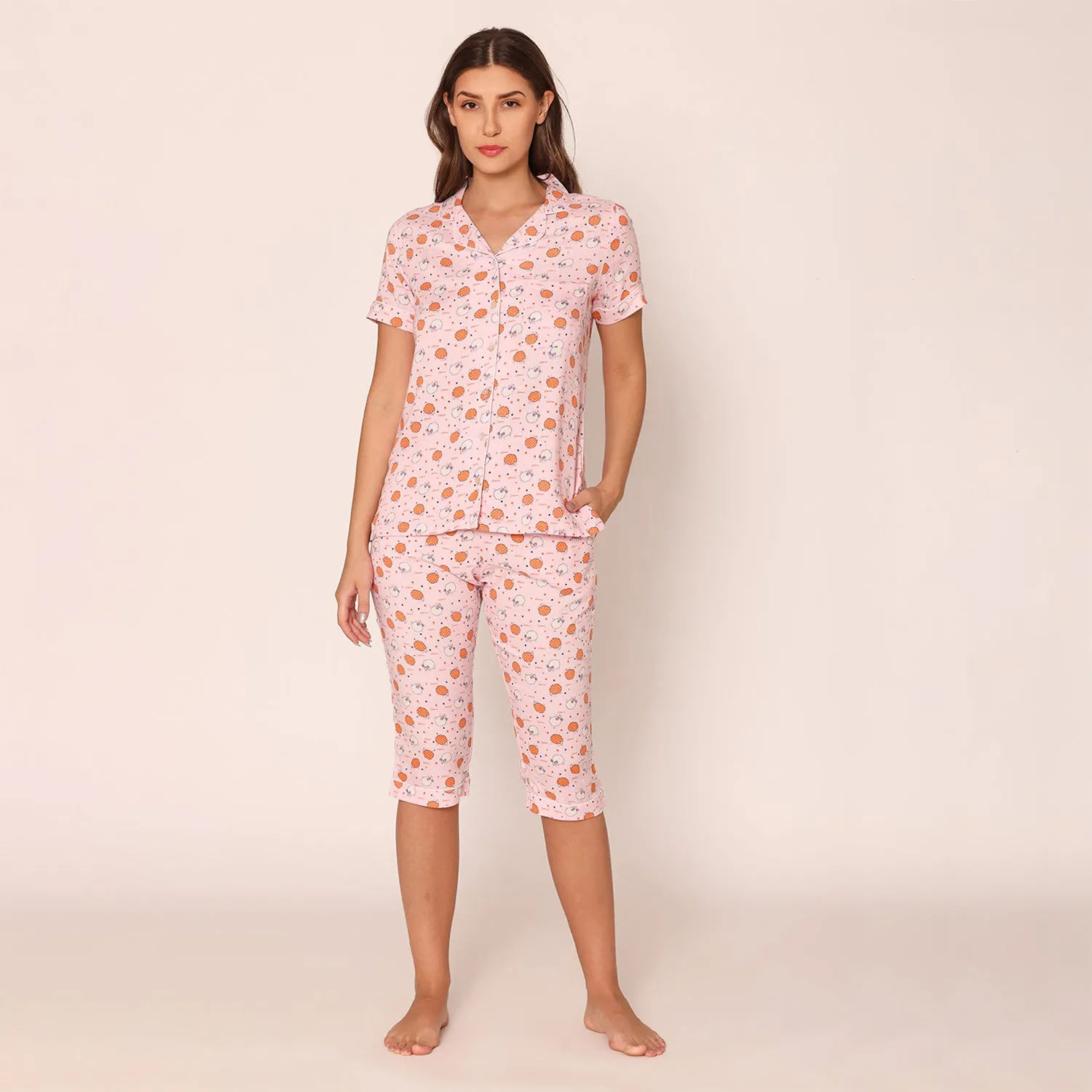 Women's Printed Shirt & Capri Night Suit Set