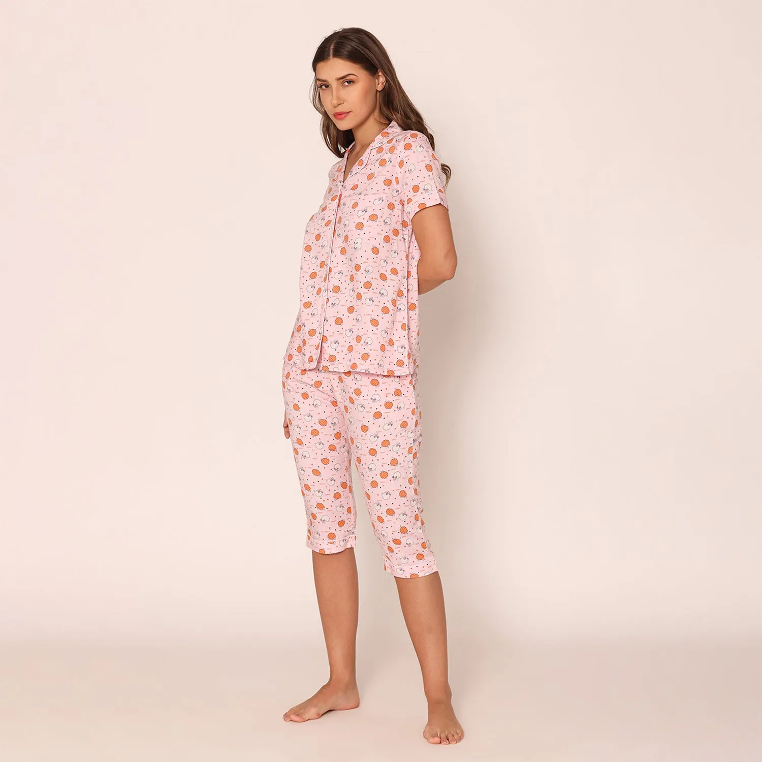 Women's Printed Shirt & Capri Night Suit Set